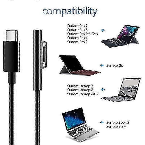 USB-C ladekabler for Surface Go, kompatible med Surface Pro 3/4/5/6/7 og Surface Laptop 3/2/1 musta