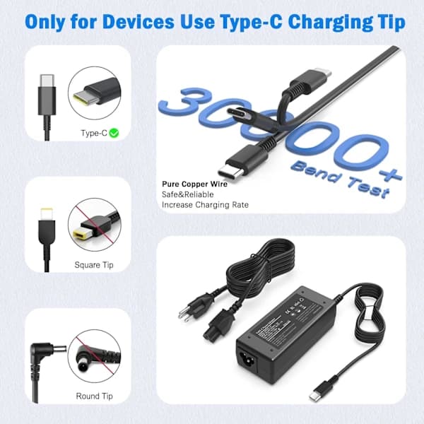2025 Seneste model Chromebook-oplader erstatning for HP bærbar PC-oplader 65W 45W USB C Hurtig strømadapter Skole