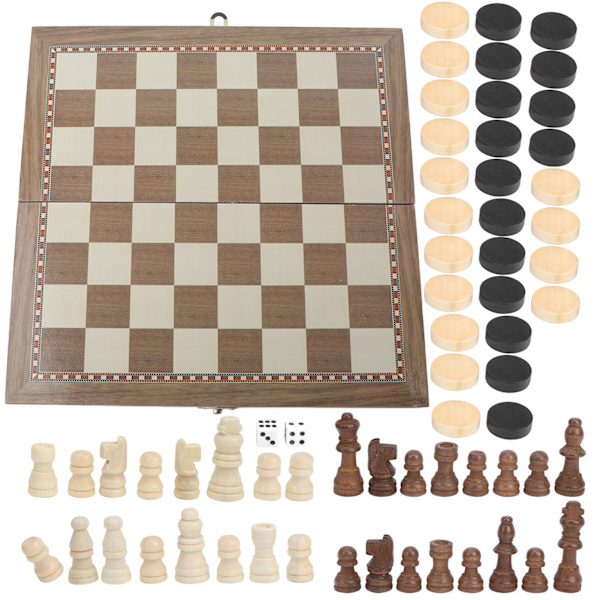 3 i 1 Multifunktionelt Foldbart Træbræt til Spil - Skak, Dame og Backgammon - Bærbar