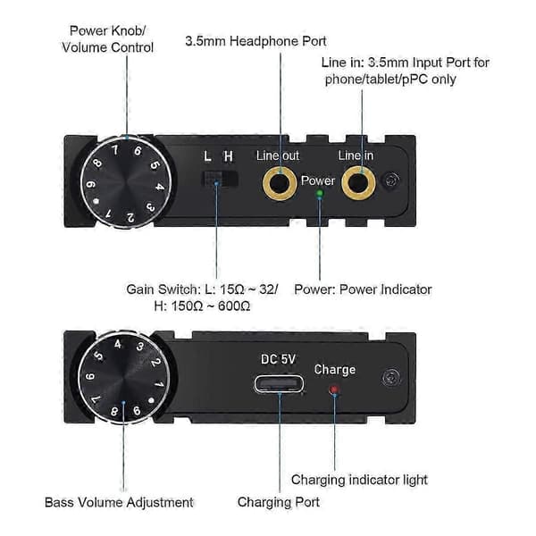 HiFi Bluetooth hörlursförstärkare Bärbar HiFi hörlursförstärkare med basvolymkontroll för MP3/MP4/ Musta