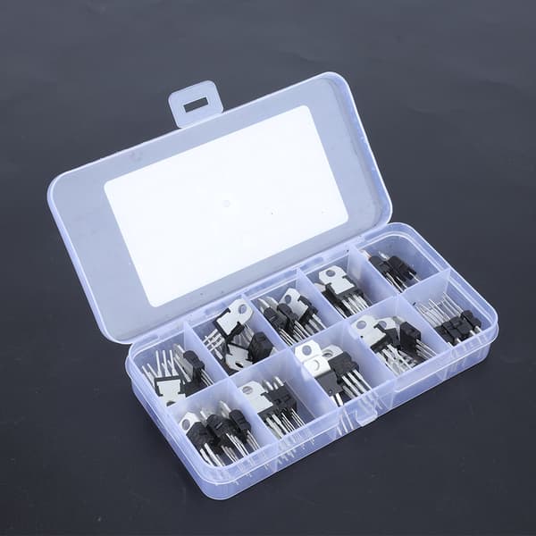 50st 10 Värde Spänningsregulator Transistor Sortimentskit 10 Fack Transparent Låda