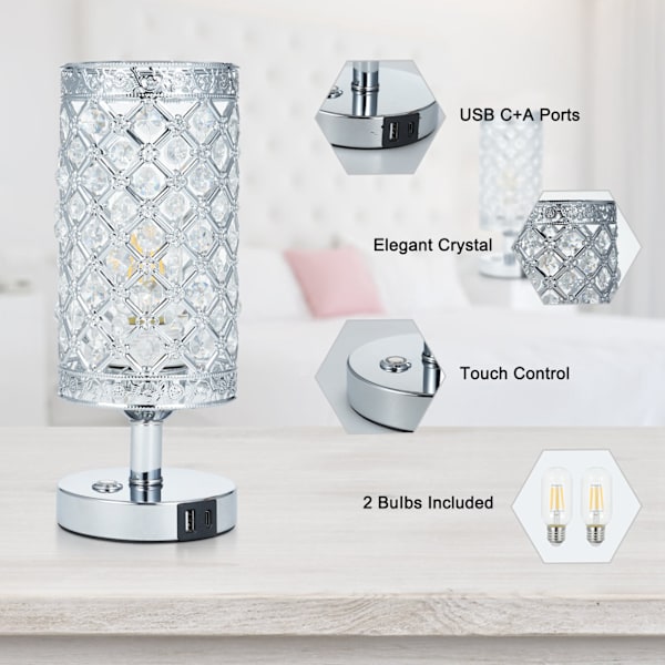 2-pakning Krystall Touch Bordlampe med 3000K Varmhvit LED og USB-ladeport, 4000mAh Batteri