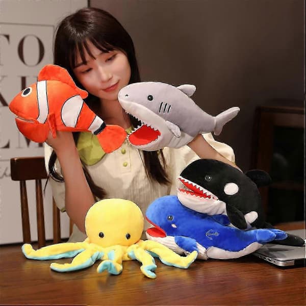 【DENGTU】Animal Hand Puppet Soft Cute Shark Whale Octopus Fish Plush Puppet Flexibility Training Interactive For 25-26 Black