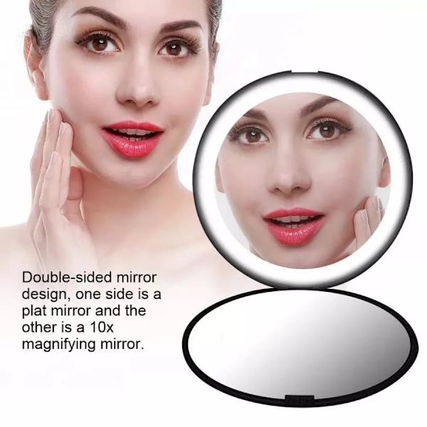 Mini Lights LED Makeup Mirror 10X Förstora Handhåll 12 LED Svart Black