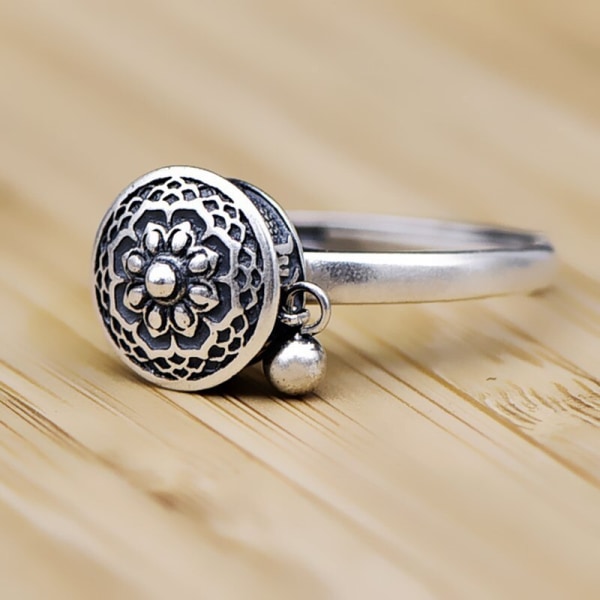Buddhist Ring Tibetansk Bönhjul Mantra 7Chakra Lycka till Ring Silver Resizable