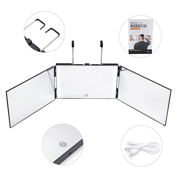 3Way 360° spegel med LED-ljus, Trifold Mirror Grön med led Green with led