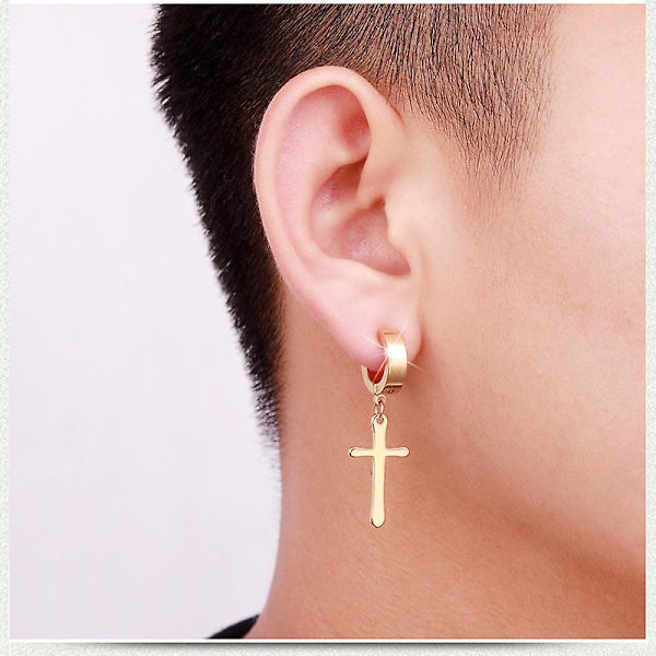 Poraamaton Clip On Cross Dangle Hoop set, ruostumaton teräs, ei porausta Gold