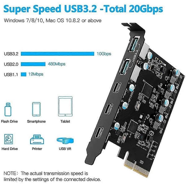 [DT]PCIe–USB 3.2 Gen 2 -sovitinkortti PCI-laajennuskortti PCI-E-lisäkortti Riser PC:lle Windows 10/8/