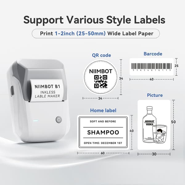 B1 etiketprinter med 1 rulle starttape, Bluetooth etiketprinter, printstørrelse 20-50 mm, kompatibel med Gray