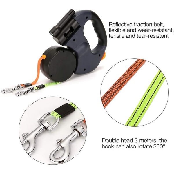 Dubbelt indragbart hundkoppel, 3m flexibelt indragbart