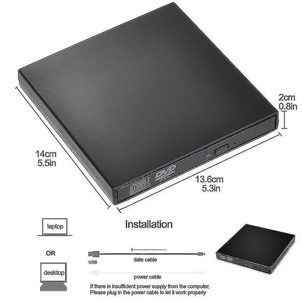 [DT]Eksternt CD/DVD-drev, USB 2.0 Slim bærbart eksternt CD-RW-drev DVD-RW-brænderdrev til bærbar stationær computer, sort