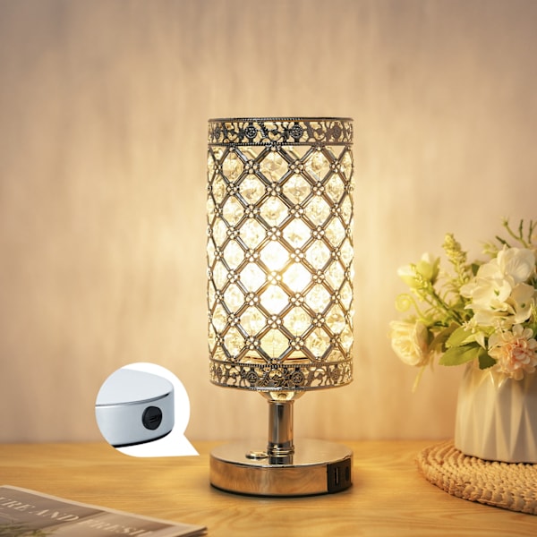 2-pak Krystal Touch Bordlampe med 3000K Varm Hvid LED og USB-ladeport, 4000mAh Batteri