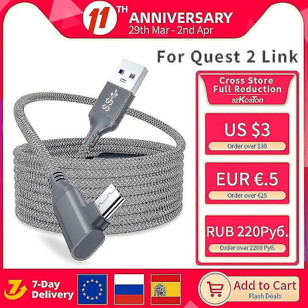 För Oculus Quest 2 Link-kabel 5m USB 3.0 snabbladdningskablar Silver 5M