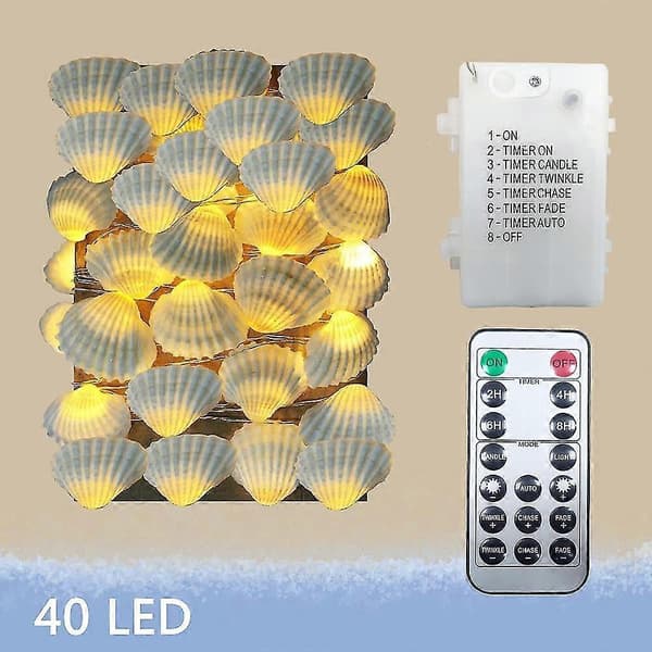 【DENGTU】Ocean Real Seashell 2 cm (h) 40 LED String Lights 4.22 m Battery Operated Waterproof Warm White With Timer And Remote Control For Beach Theme Decor B