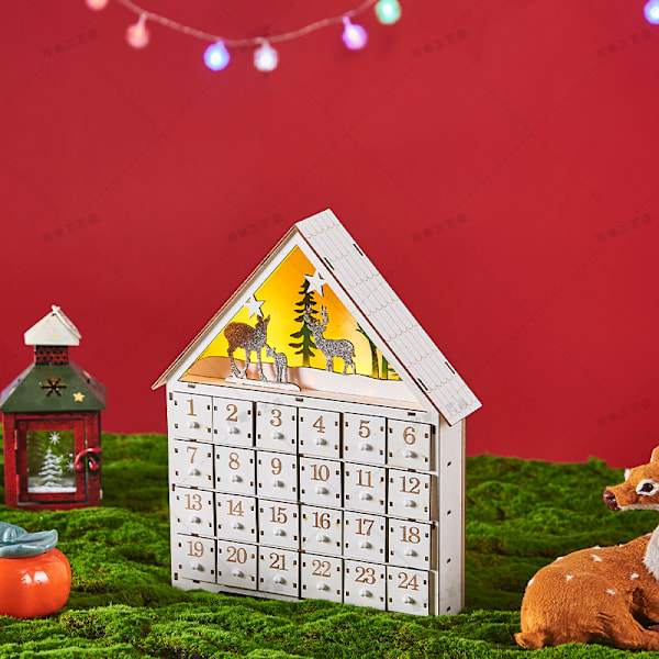 Julkalenderhus, 24-dagars nedräkningskalender med LED-lampor, Julnedräkningskalender med numrerade lådor