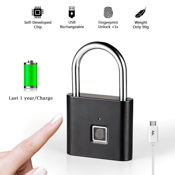Fingeravtryckshänglås Snabbupplåsning USB uppladdningsbar dörr