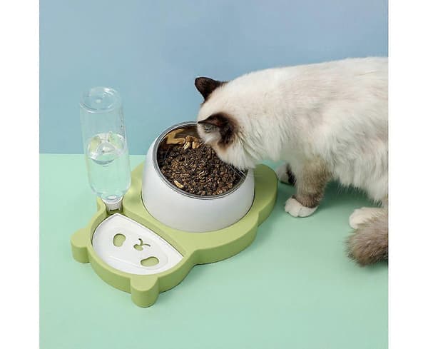 Panda Bowl Kat Dobbelt Skål Automatisk Kæledyrsfoderautomat Drikker - Frisk grøn keramisk skål