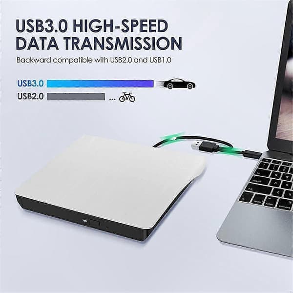 Bærbar USB 3.0 og USB-C CD DVD-stasjon, ekstern DVD+/-RW optisk diskleser skriver spiller omskriver for bærbare og stasjonære datamaskiner White