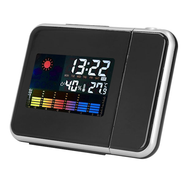 Digital väderstationsklocka med temperaturfuktighets LCD-färgskärm, LED-bakgrundsbelysning, snooze, projektionslarm - Svart