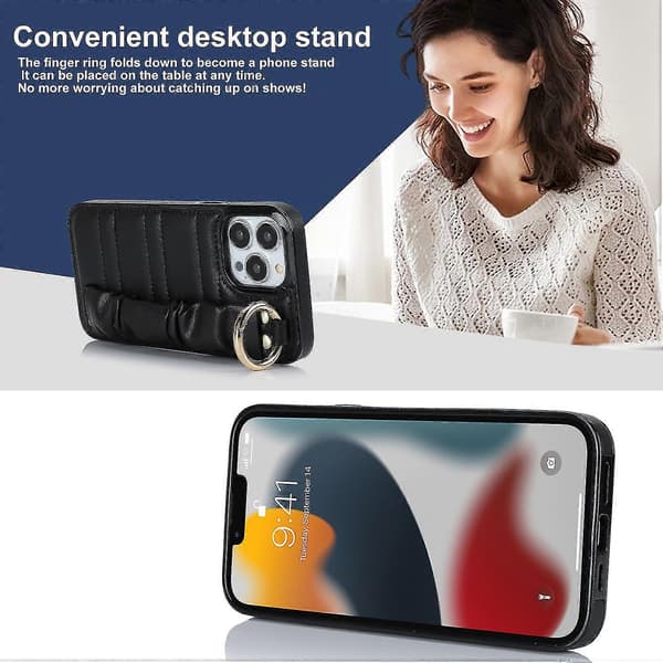 Til iPhone 13 Pro Max etui plisseret armbånd PU læderbelagt TPU cover Black