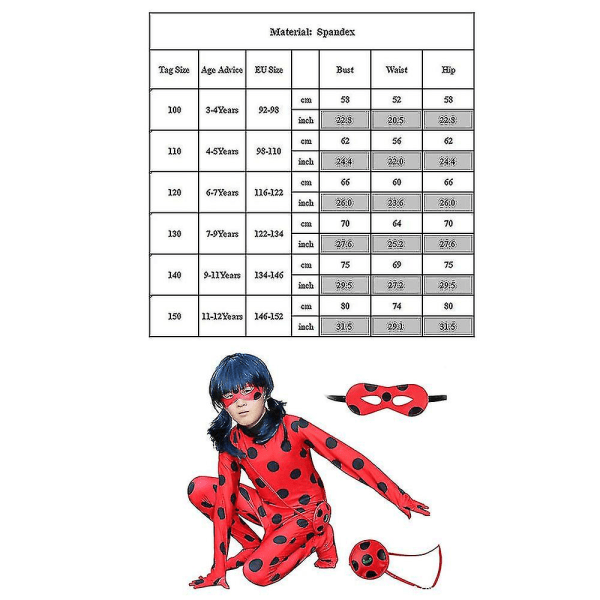 Bimirth Kids Girl Ladybug Cosplay Sæt Halloween Party Jumpsuit Fancy Dress kostume med bind for øjnene, paryk, taske-yky 160(150-160CM)