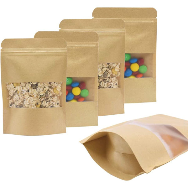 Paket 100st Papperssötpåsar 10x15cm Återförslutningsbart ställ Kraft