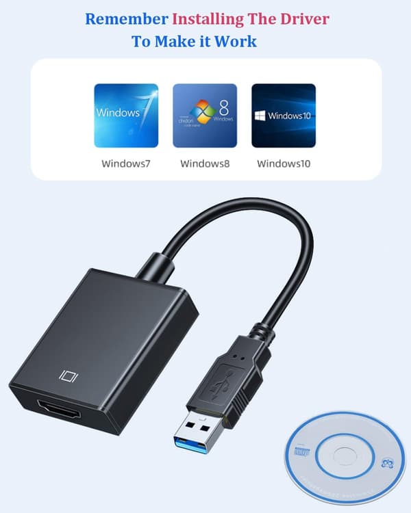 【DENGTU】USB til HDMI-adapter, USB 3.0/2.0 til HDMI lyd- og videoadapter, 1080P HD videografikkkabelkonverterer for PC, bærbar PC, HDTV
