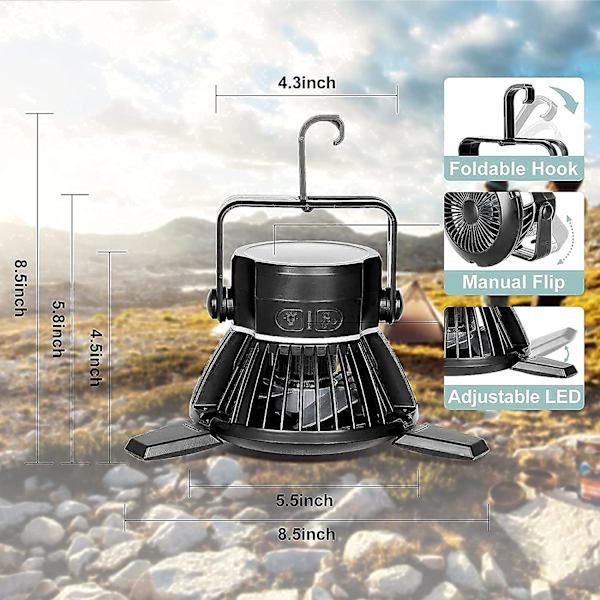 Solar Camping Fläkt med LED-ljus med hängkrok Portable