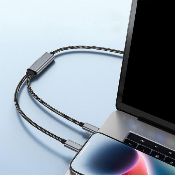 Dobbelt USB C Opladerkabel 100W 2 i 1 Opladerledning Hurtig Data Synkronisering Smart Chip til Pad Enheder Flerfarvet Multicolor