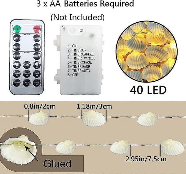 【DENGTU】Ocean Real Seashell 2 cm (h) 40 LED String Lights 4.22 m Battery Operated Waterproof Warm White With Timer And Remote Control For Beach Theme Decor B