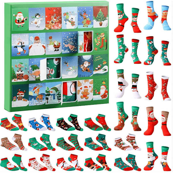 24 Days Countdown to Christmas, 24 Pairs of Christmas Socks, Printed Novelty Pattern Socks, Breathable and Soft Winter Socks for Men and Women