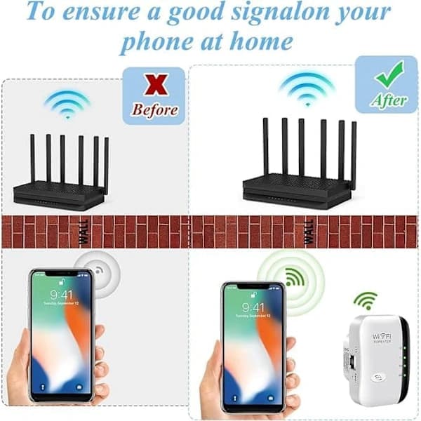 Hvit WiFi-signalforlenger med repeater AP-modus og WPS-funksjon.
