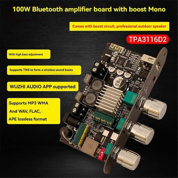 TPA3116D2 100W Bluetooth Audioforstærkerkort Mono med Boost Hi-Basjustering DIY Højttalerforstærker