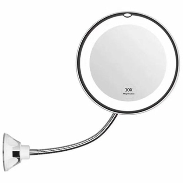 Fleksibel svanehals 10x forstørrelsesled lysspejl oplyst badeværelsessminkespejl med stærk sugekop, 360 graders lys