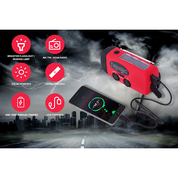 Vevradio 2000mAh powerbank, solbatteri, ficklampa red