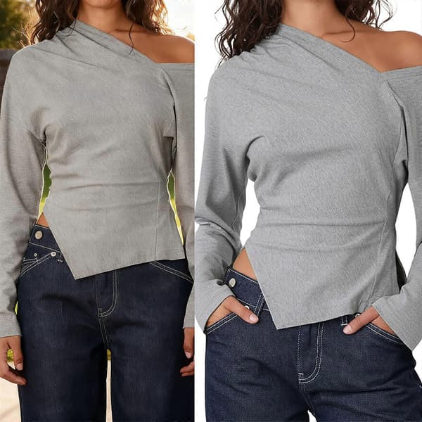 Dame Mode Asymmetrisk Off Shoulder Langærmet Pullover Top Sidesplit Ruched Slim Fit T-shirt til Hverdagsstyling L[dt] L