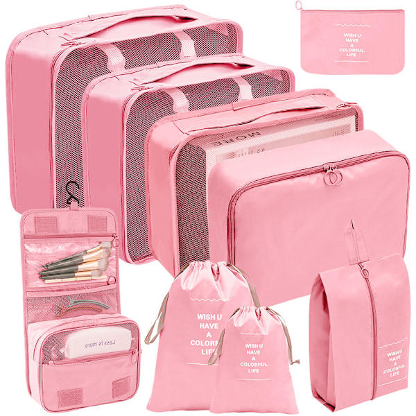 9 Set Packing Cubes Bagage Packing Organizers för resetillbehör Pink