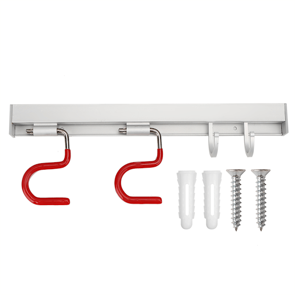 Plassbesparende, veggmontert mopp- og kostholder i aluminium med 2 holdere og 2 kroker for oppbevaring på badet