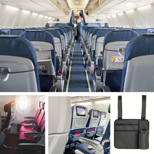 Bærbar flysædearrangør med 4 lommer til tablets, telefoner, vandflasker og rejsetilbehør