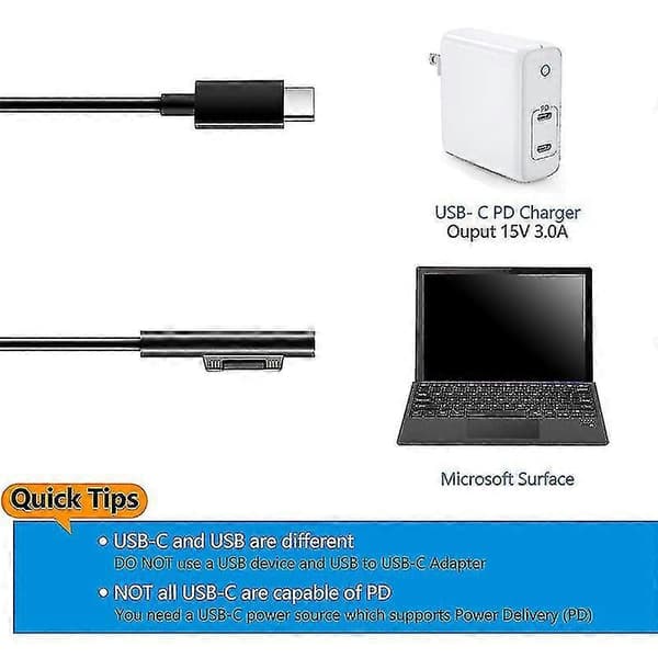 Opladningskabel til Surface til USB C-opladningskabel til Surface Pro 3/4/5/6/7, Surface Laptop 3/2/1, Surface Go[dt]