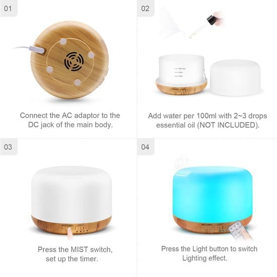 300 ml eterisk oljediffuser - 7-färgs LED-lampor, automatisk avstängning - Lämplig för sovrum, yoga, kontor - Tyst sovrum - Vit - Ett stycke