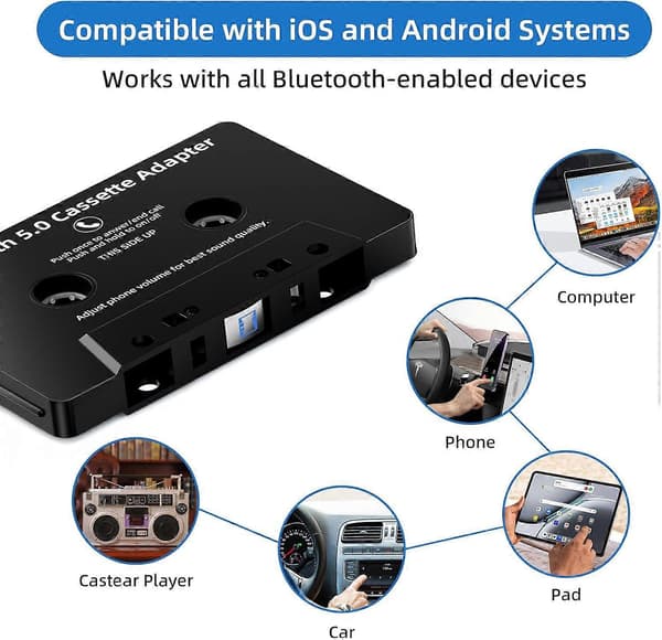 Bluetooth kassettadapter 5.0 for bilstereo, trådløs mottaker med håndfrie samtaler, svart