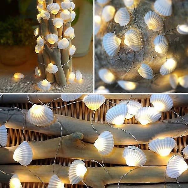 【DENGTU】Ocean Real Seashell 2 cm (h) 40 LED String Lights 4.22 m Battery Operated Waterproof Warm White With Timer And Remote Control For Beach Theme Decor B