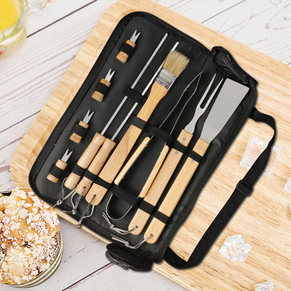 10-osainen BBQ-grilli työkalusetti puisilla kahvoilla - Ruostumattomasta teräksestä valmistetut ulkotarvikkeet