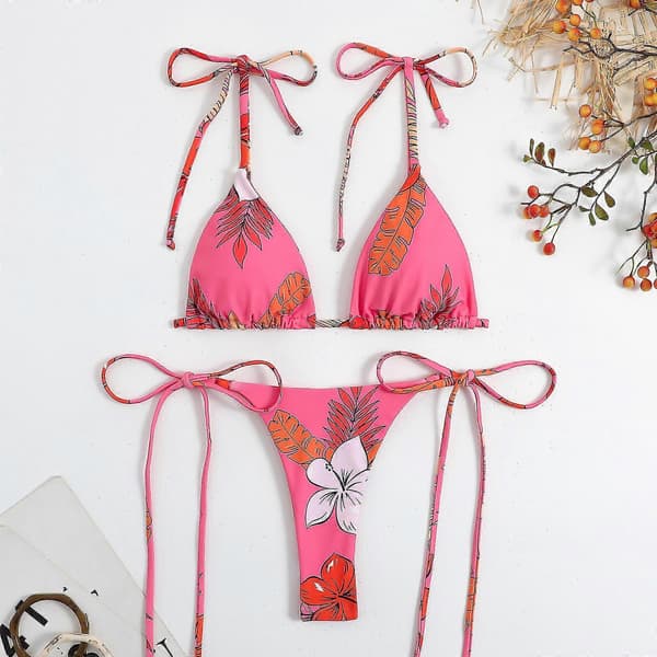 Dammode Blomtryck Delad Baddräkt Bikini Tryck Hög Midja Strandkläder Set S