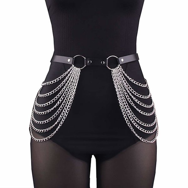 Punk svart midjekedja Bälte Läder Layered Belly Body Chain Black