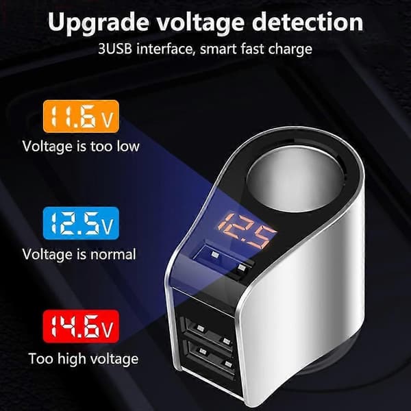 Billader Forlengelse Lighter Adapter Sigarettuttak Splitter Med 3 USB Og Spenningsmåler sliver