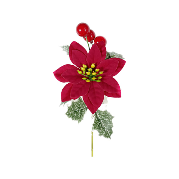 Kunstig juleblomstarrangement med røde bær og festlige blader
