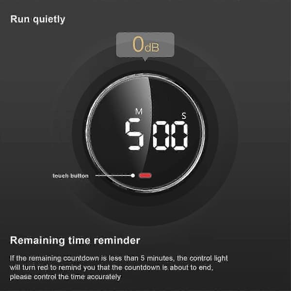 Digital LED Timer Manuel Nedtællingsalarmur Magnetisk Stopur Brusebadstimer Black
