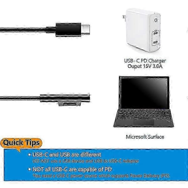 USB-C ladekabler for Surface Go, kompatible med Surface Pro 3/4/5/6/7 og Surface Laptop 3/2/1 musta